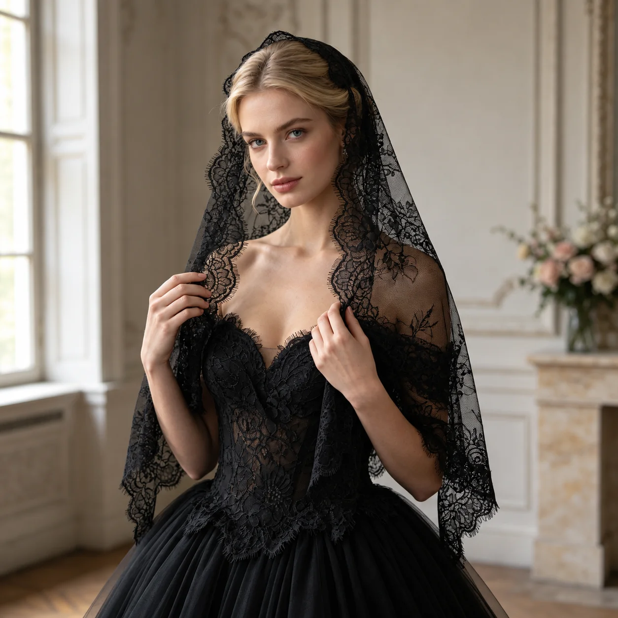 ‌ Velo de novia mantilla de encaje negro español, velo de capilla católico con borde de pestañas florales de Chantilly, para vestido de novia negro G204