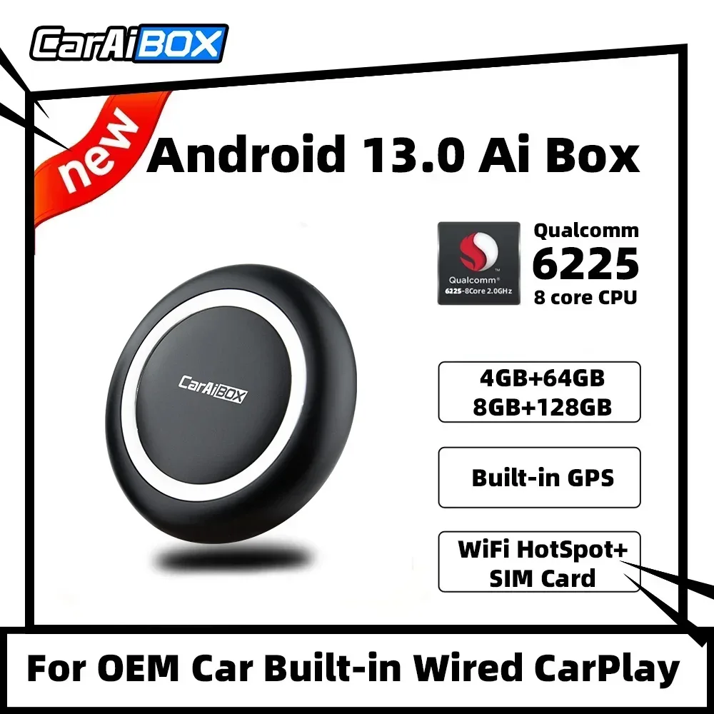 CarAiBOX أندرويد 13.0 كوالكوم 6225 CarPlay Ai Box 8-Core CPU Wireless CarPlay Android Auto لتويوتا فولفو فولفو كيا بنز MG