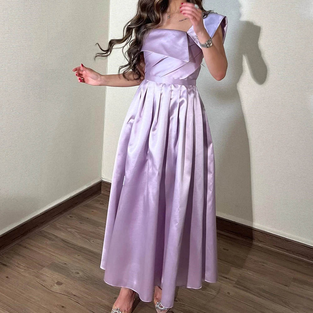 

Modern Pleats One Shoulder Off the Shoulder Evening Dresses Graceful Ankle Length A-Line Satin Purple Party Gowns فساتين سهرة