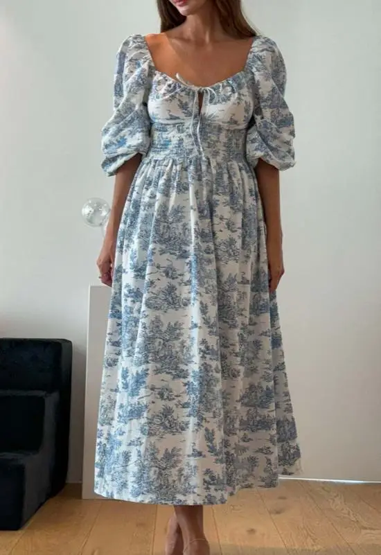 

Women's New Waist Cinching Slimming Lace Up Long Skirt with Retro Print and Sweeping Dress Romantic Countryside Elegant Dress