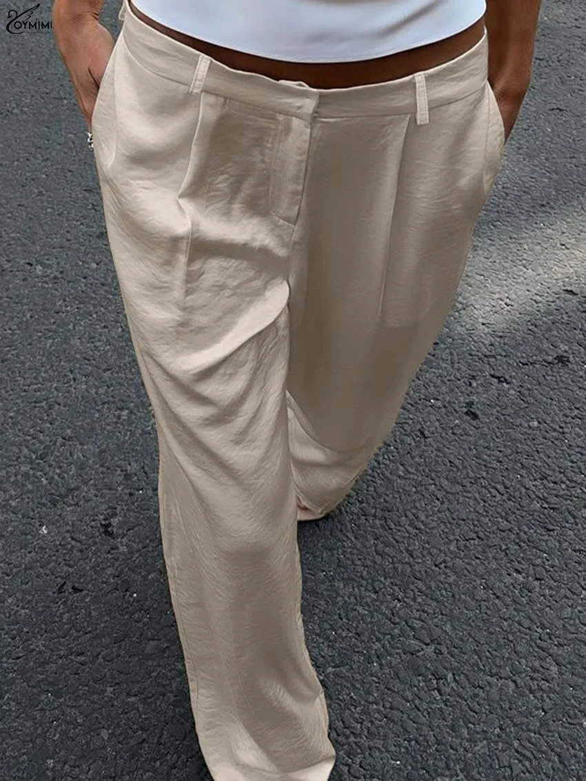 Oymimi Elegant Beige Pockets Women Pants Fashion Mid Waisted Solid Straight Trousers Casual Zipper Button Pants Female Clothing