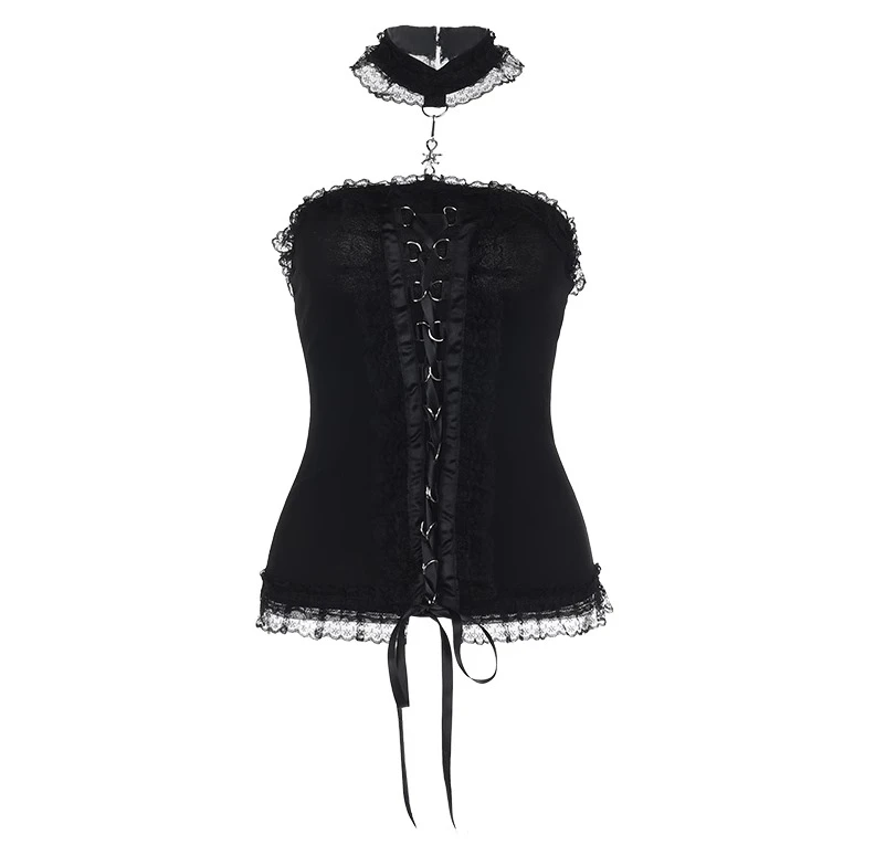 Europeu americano sexy rendas colar colar sem alças temperamento topo personalizado rua menina preto versátil topos