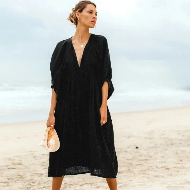

Loose Long Dress Women's Lantern Sleeves Casual Retro Solid Color Long Style Spring New Style