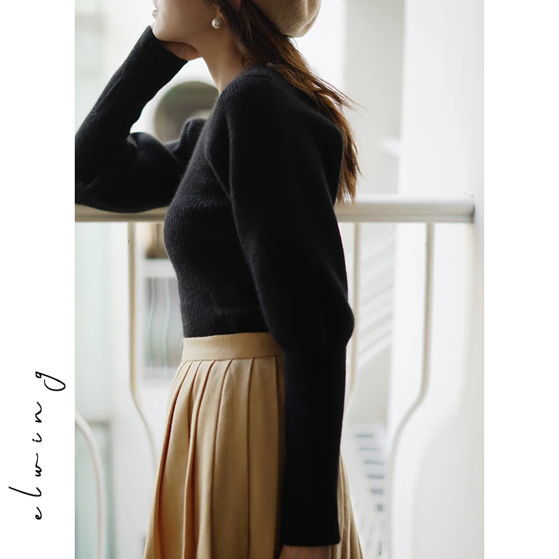 Elwing Original Retro Sle Women's Knitted Wool Sweater Winter New Caramel Color ort Rabbit Fur Sve Square Collar Top