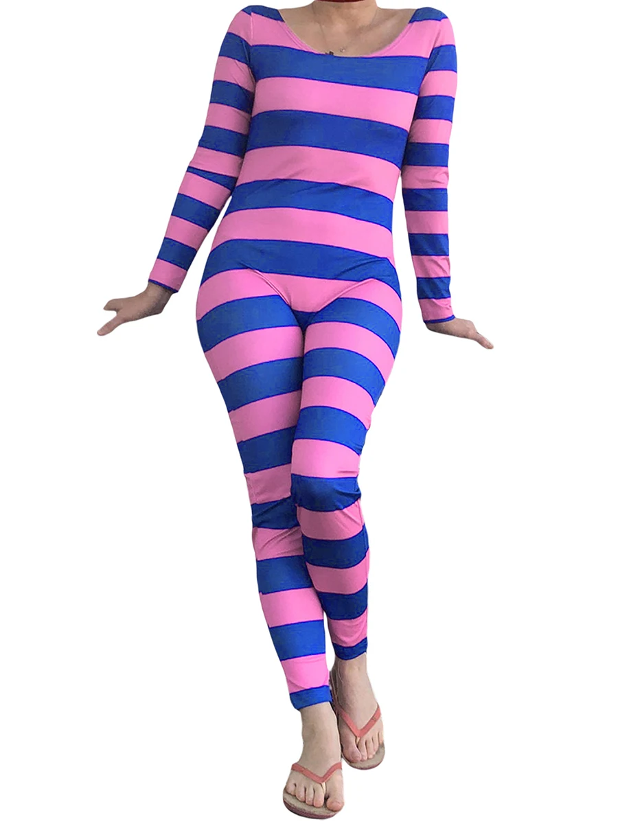 Women s Cheshire Cat Halloween Costume Pink Purple Striped Long Sleeve Jumpsuit Cosplay Outfit