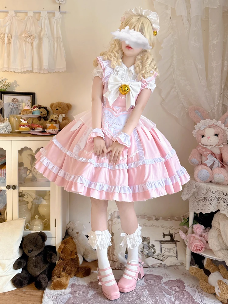 KIMOKOKM Kawaii Sweet Lolita Ruffles JSK Maid Dress Sweetheart Sleeveless Contrasting Color Bow Full Sleeve Girly Camisole Dress