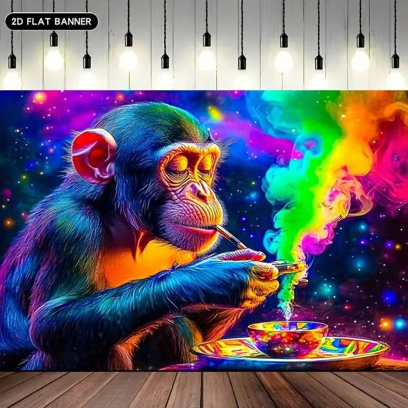Psychedelic Rainbow Chimpanzee Smoke Galaxy 2D Flat Tapestry Backdrop For Dorm Decor Trippy Art Wall Hanging Banner