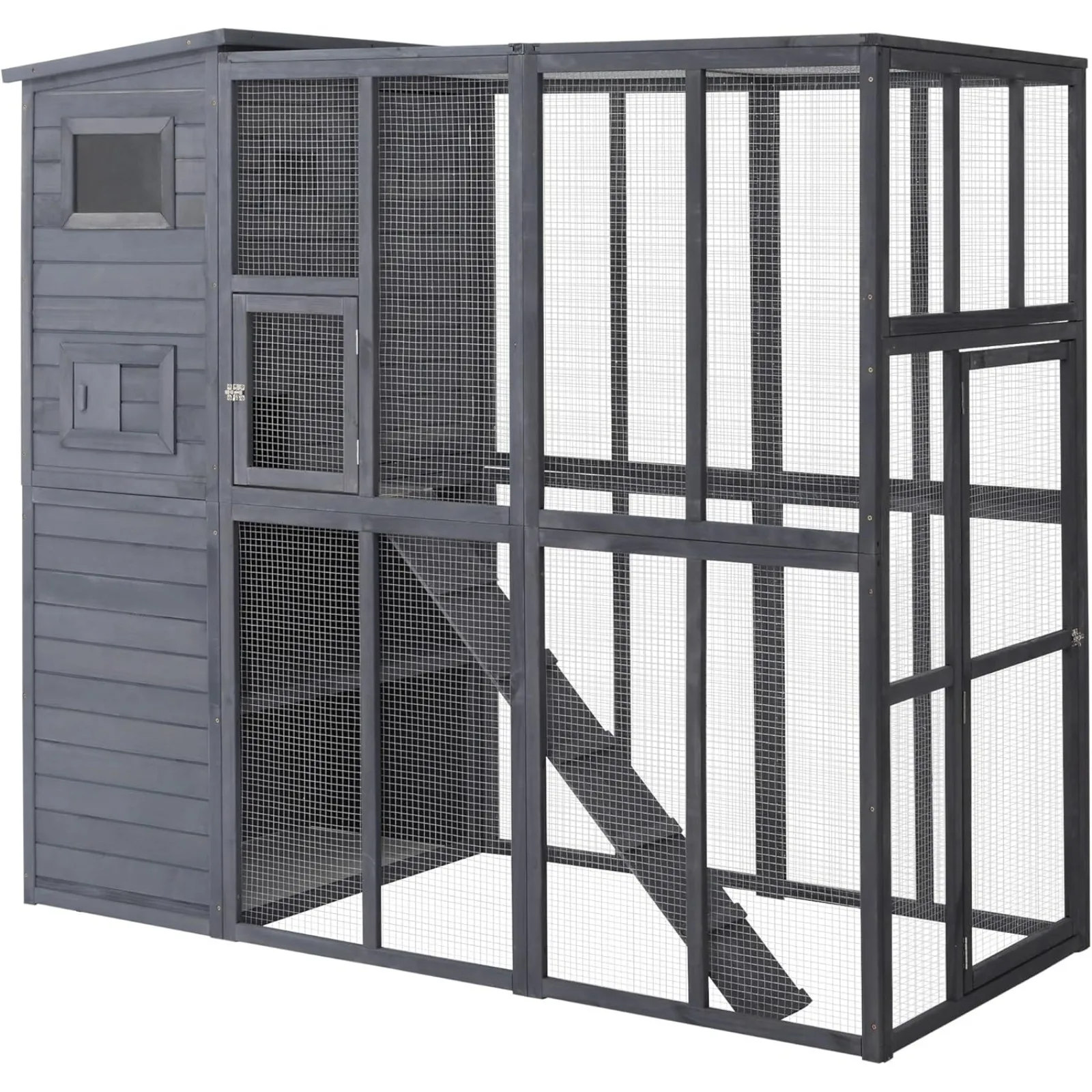 

US Outdoor Catio, Cat House Wooden Feral Cat Shelter, Cat Cage with Platforms, Waterproof Asphalt Roof, Ramps, 77" L,