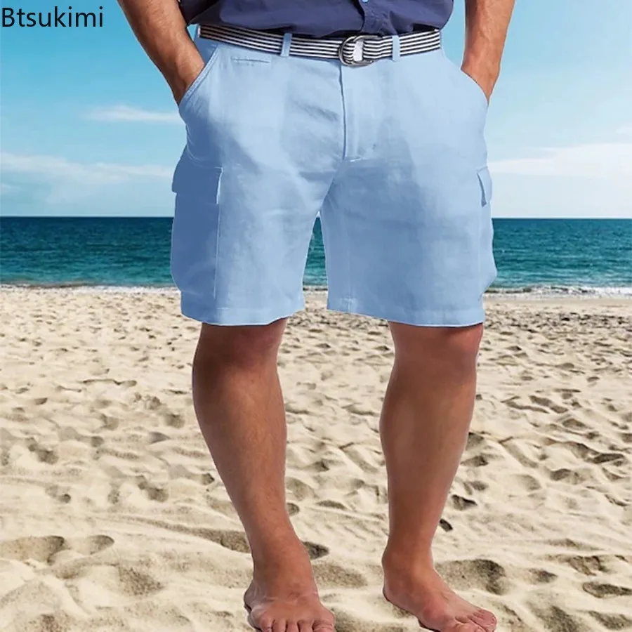 2025 High Quality Linen Shorts for Men Summer Fashion Solid Color Casual Baggy Shorts Multi Pocket Breathable Beach Shorts Male