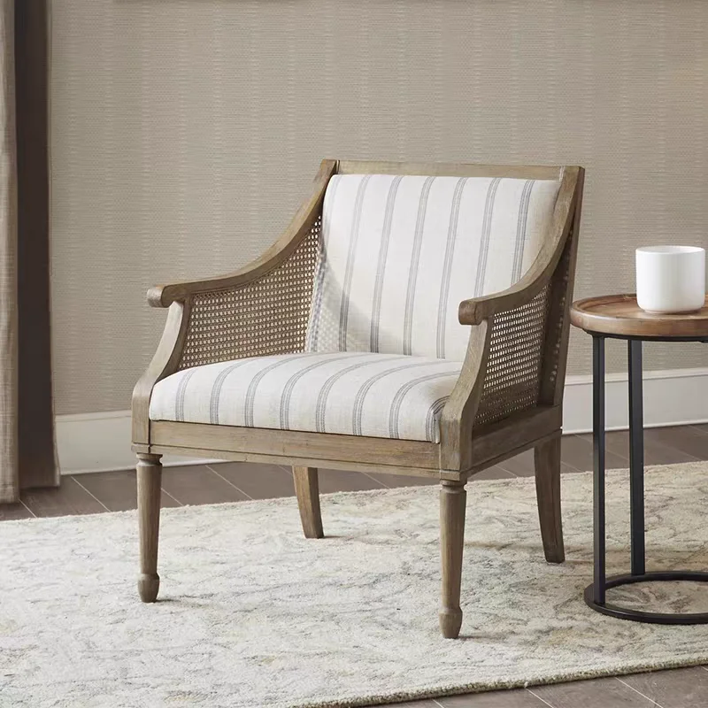 American Country Solid Wood Rattan Woven Chair Log Wind Small Apartment Living Room Balcony Single Leisure Chair Cloth Arm Chair