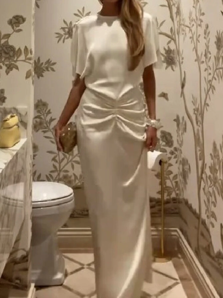 Lässiges, kurzärmeliges, rückenfreies, ausgeschnittenes Sommerkleid mit drapiertem Design, einfarbig, elegant, O-Ausschnitt, schmal geschnitten, aus Satin, langes Kleid für Damen