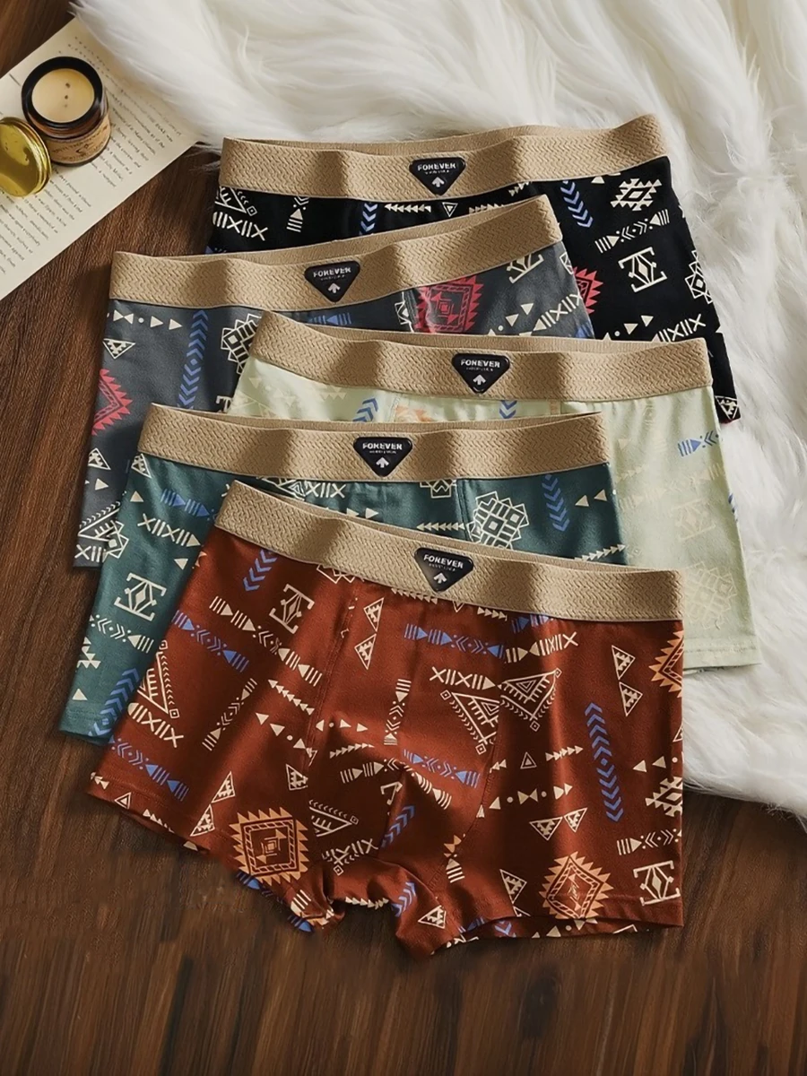 

Men's Cotton Mid-Waist Boxer Brief - Ethnic Pattern with "FOREVER" Waistband (Single Piece)