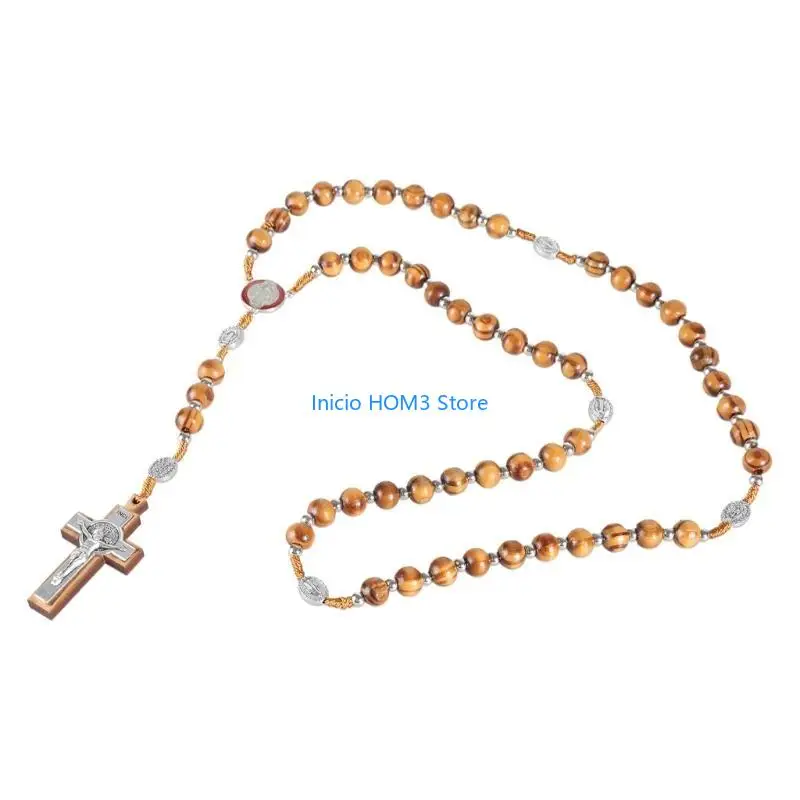 A5YD 10mm Wooden Beads Catholic Rosary Necklace Christian Religious Jesus Pendant Praying Jewelry for Men Women Gift
