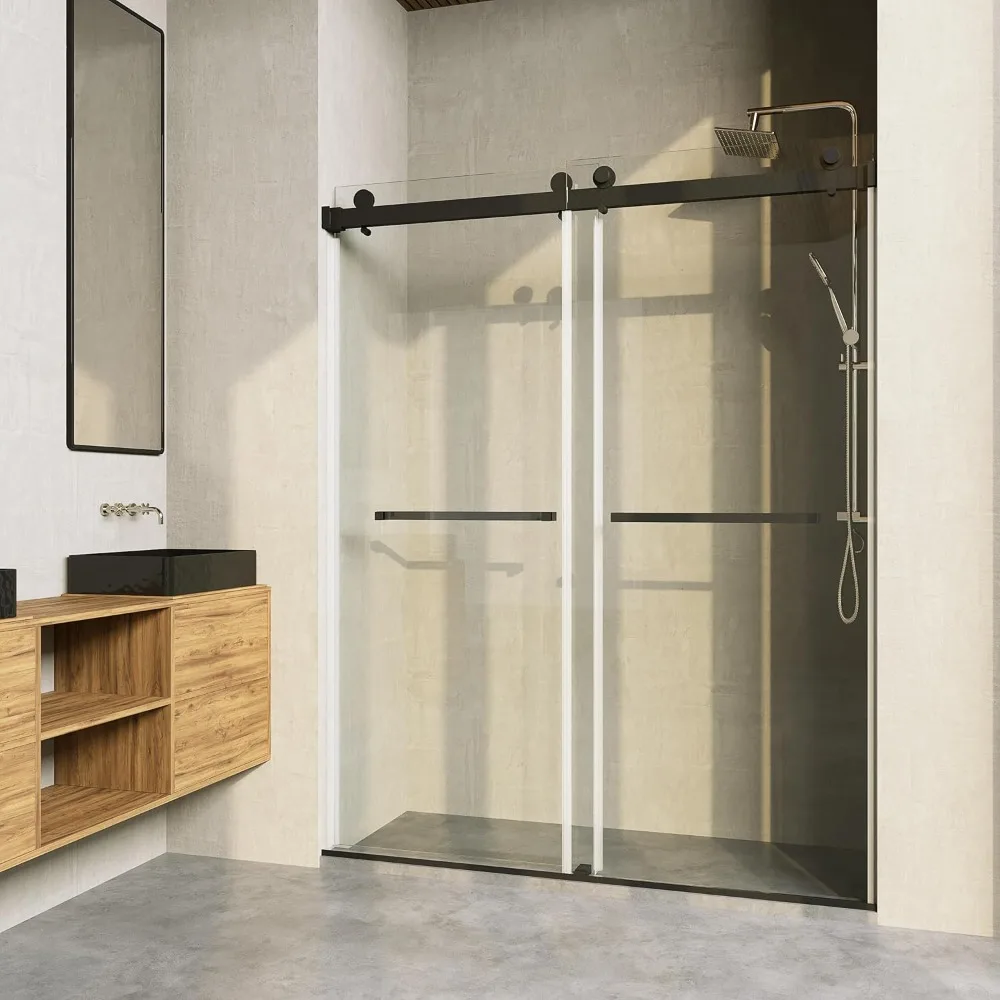 Shower Door,Clear Tempered Glass with Towel bar, Double Sliding Door, Matte Black Finish shower cabin parts  sliding shower door