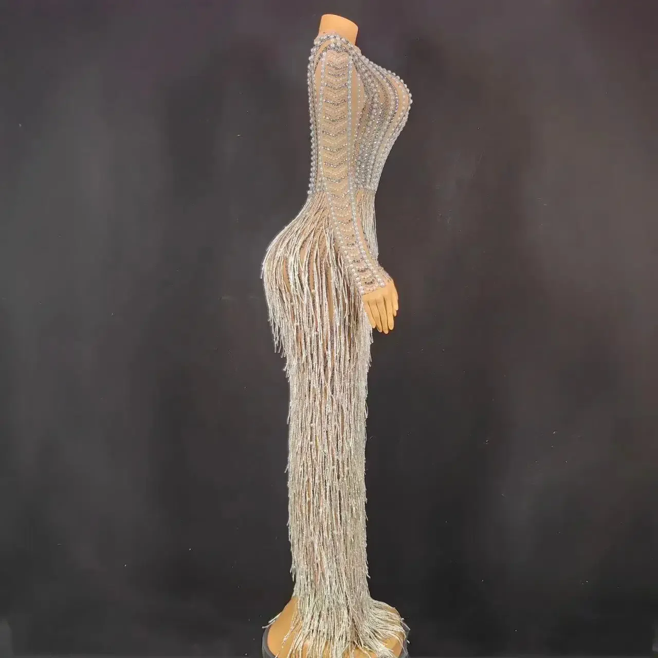 Sexy Stage Silver Rhinestone Pearl Fringe Long Brown Dress Birthday Celebrate Transparent Outfit Women Dancer Nightclub Dress