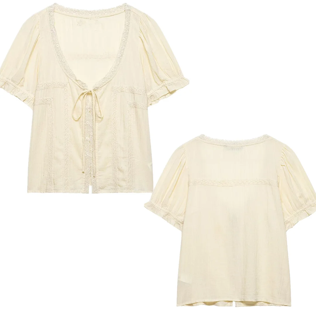 

Maxdutti French Minimalist Beige Short Sleeved Shirts Bohemian Embroidered Chiffon Summer Top Shirts & Blouses Women's Clothes