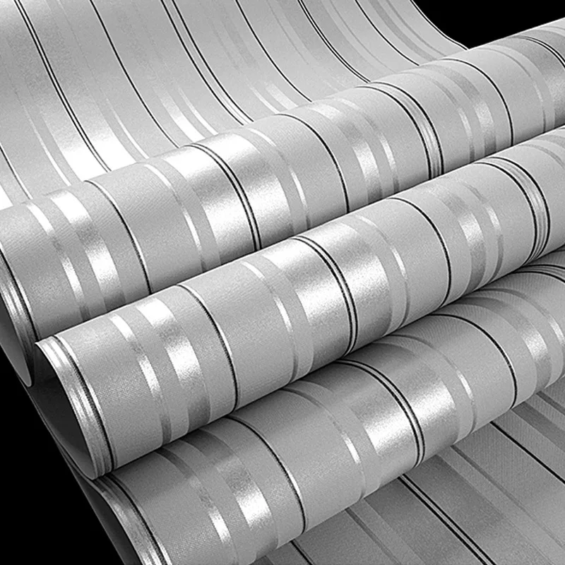 ورق حائط مخطط عمودي رمادي فضي حديث وبسيط لغرفة المعيشة وغرفة النوم وغرفة الطعام وديكور المنزل وجدار سلسلة رمادية