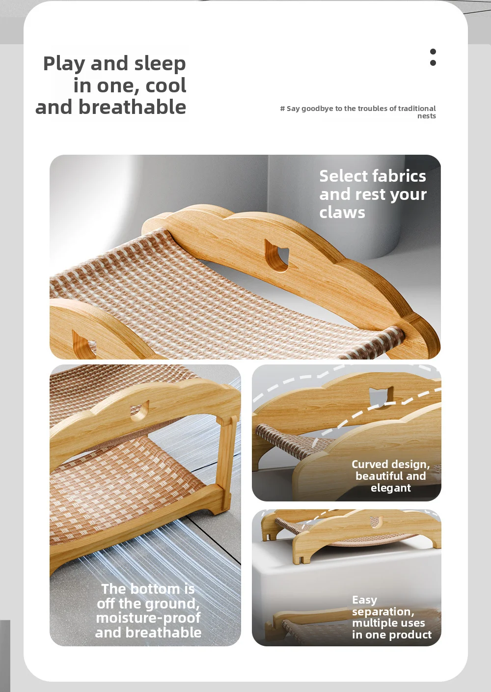 Double Layer Cat Bed Mortise Tenon Detachable Easy Assembly Wear-Resistant Elevated Cat Nest Wooden Furniture Breathable Cushion