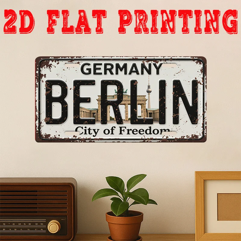 2D Flat, 1pc Vintage Berlin City of Freedom Metal Sign - Retro German Flag & Berlin Skyline Wall Art, Durable Aluminum Brandenbu