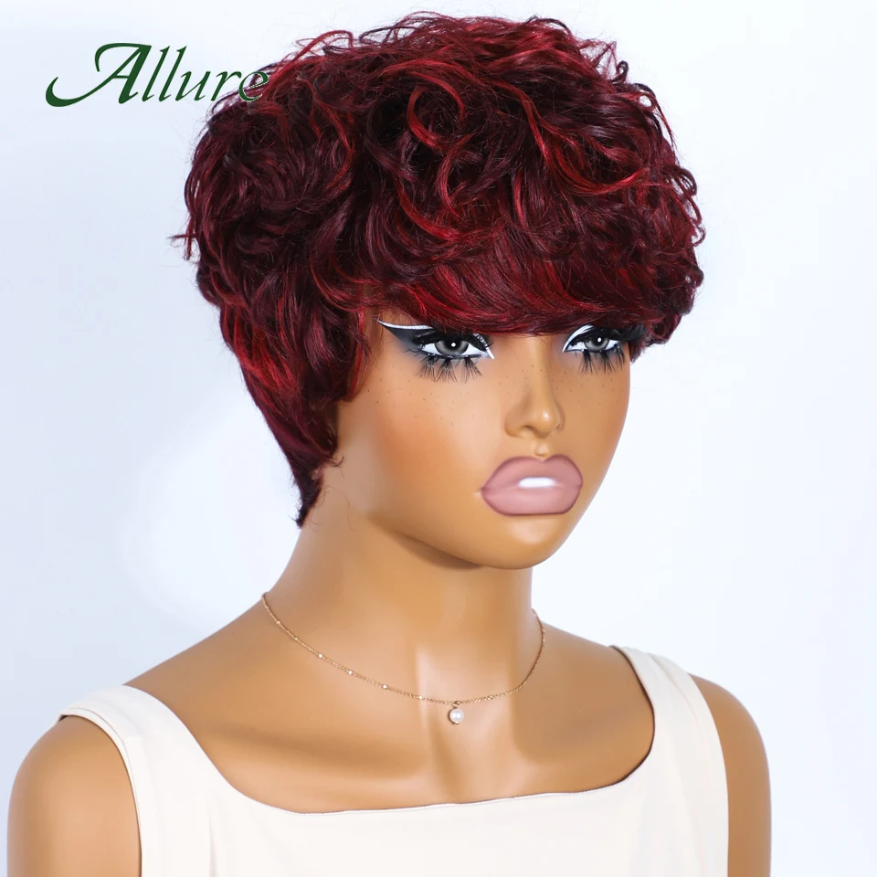 Brazilian Human Hair Wig With Bangs Red Colored Hair Pixie Cut Curly Wigs For Black Women Glueless 99J Remy Hair Wig Allure