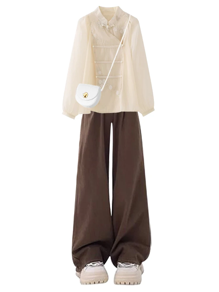 Wiosenny Nowy Chiński Zestaw Damski Elegancki Design Guzików Hanfu Top Wyszczuplające Spodnie Casualowe Dwuczęściowy Zestaw Modny Komplet