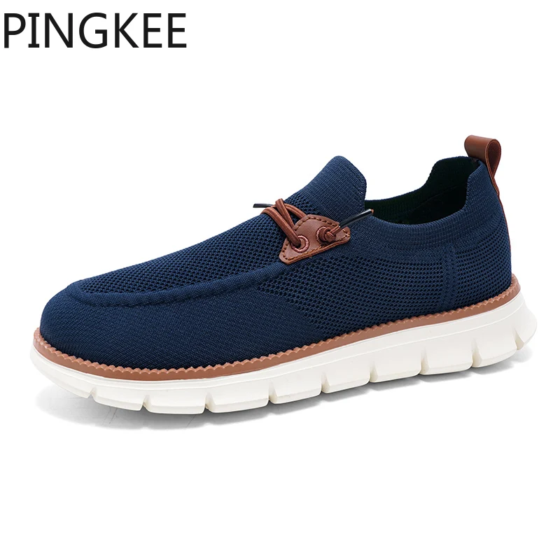 PINGKEE sepatu pantofel rajut jala, Sneaker kasual atas ringan untuk pria, desain Slip on tahan lama, sol luar MD