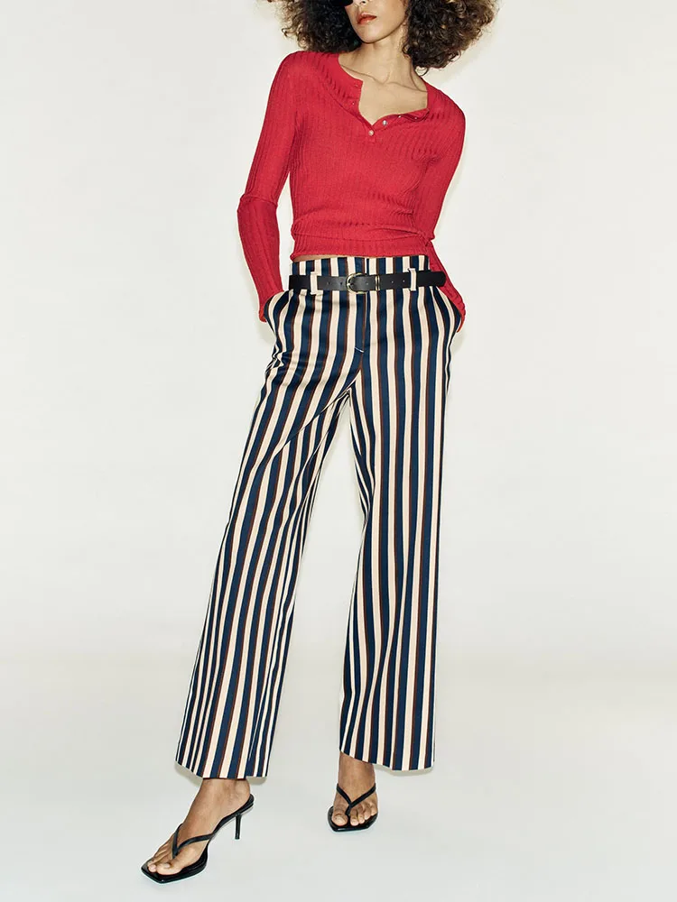 High Waist Straight Leg Casual Commuter Stripe Belted Pants New Arrival Women's Fashion Autumn Collection Comfortable Fit