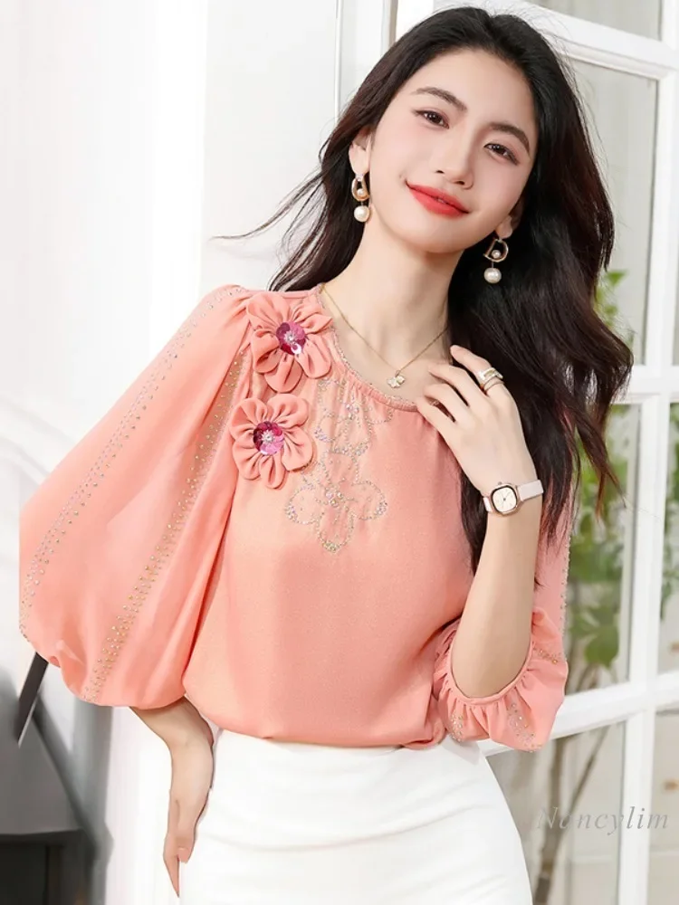 2024 Early Autumn Chiffon Shirt Women's Seven-quarter Sleeves Blouse New Niche Top Chic European Style Flower Rhinestone Blusas