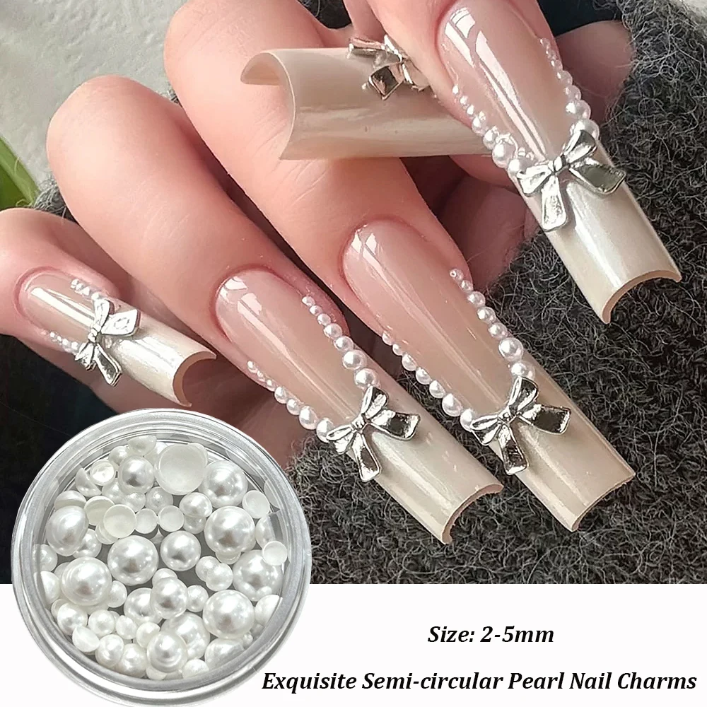 ชาร์มตกแต่งเล็บมุกครึ่งวงกลมสีขาว 1 ขวด แบบ 3 มิติ ผสมมุกแบนทรงบาร็อค อุปกรณ์ตกแต่งเล็บ