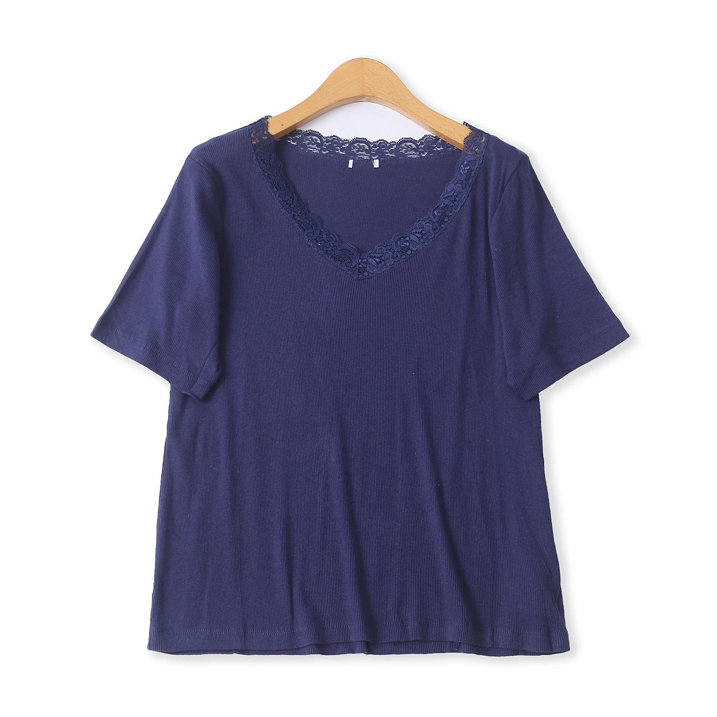 Cotton Lace Trim Short Sleeve T-Shirt Women's Slim Fit Heart Collar Thread  Casual Style Summer New Arrival Top