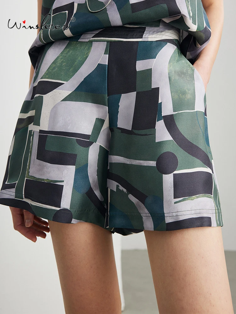 Winsleter-100%Real Silk Elegant Trousers, Elastic Waist Print, Women Fashion OL Commute Thin Shorts, 2026 Summer New B65816CC