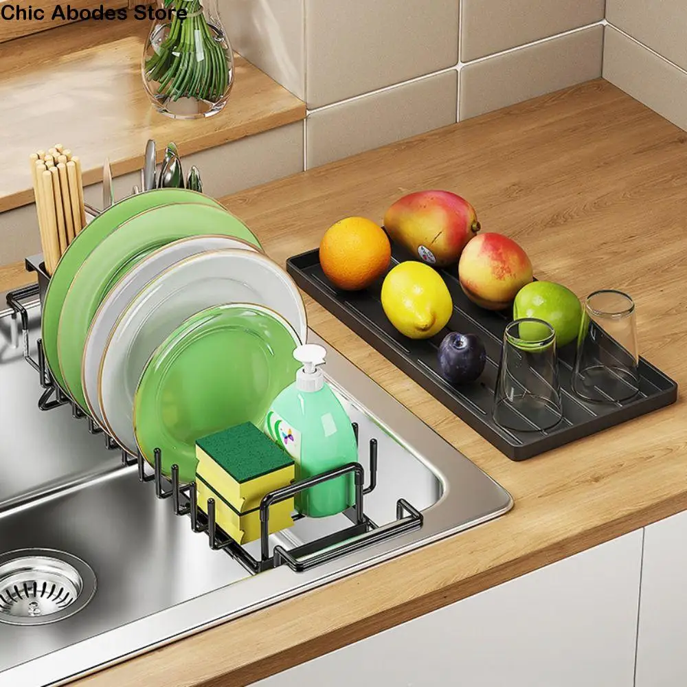 

Extendable Bottom Tray Counter Dish Drying Rack Space-Saving Black Tableware Storage Rack with Chopstick Box