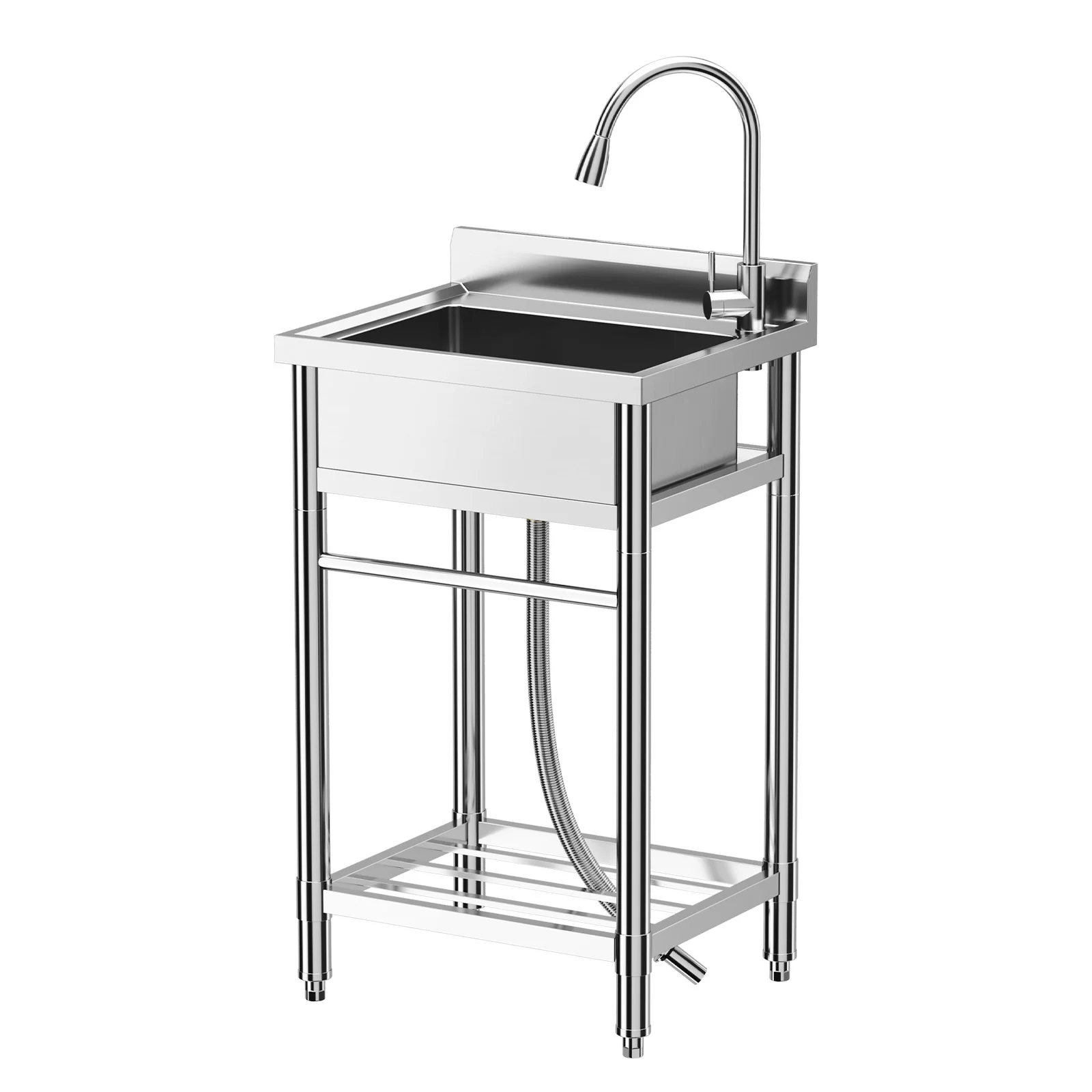 Stainless Steel Utility Sink, 304 Thickened Freestanding Single Bowl Commercial Kitchen Sink with Pull-Out Faucet for Restaurant Laundry Room Garage Workshop Outdoor RV Kitchen Bar