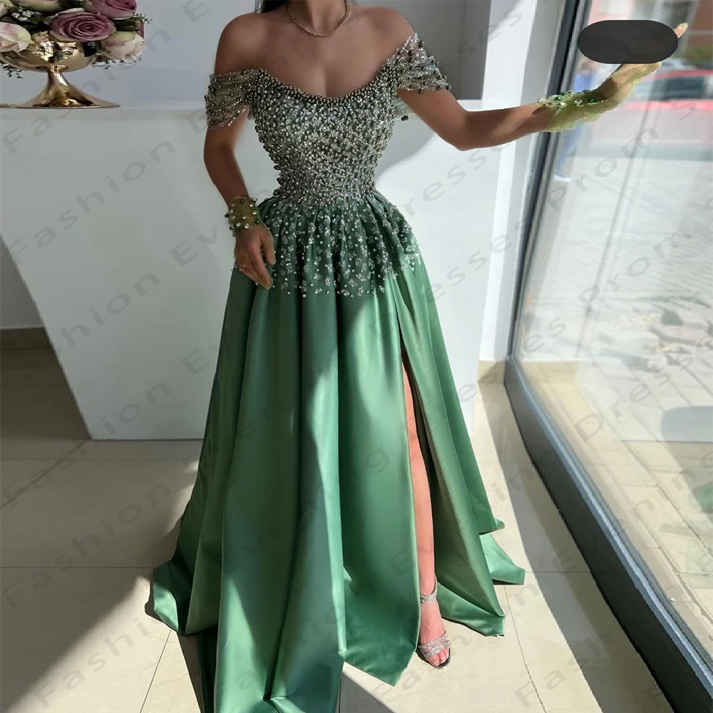 2025 Women's Green Evening Dresses A-Line Fabric Pleated Customized Prom Gowns Sexy Side Slit Formal Beach Party Fashion Celebri