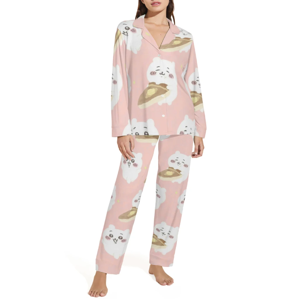 Chiikawa Printed pajama set, casual and comfortable buttoned long sleeve top and pants, women's and men's pajamas and loungewear