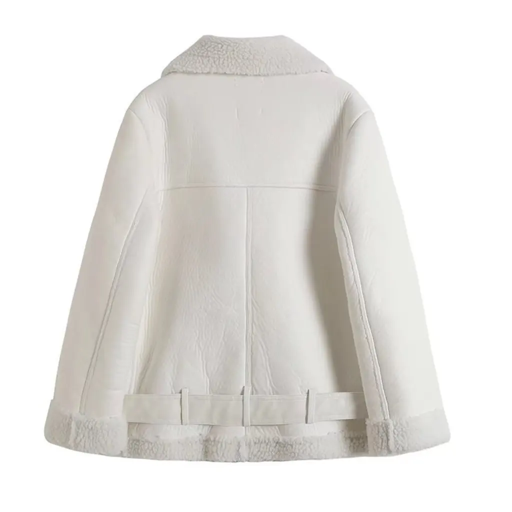 เสื้อโค้ทหนังทรงหลวมความยาวปานกลางสำหรับผู้หญิง ปกขนสัตว์ สไตล์ยุโรปและอเมริกา แฟชั่นเสื้อคลุม