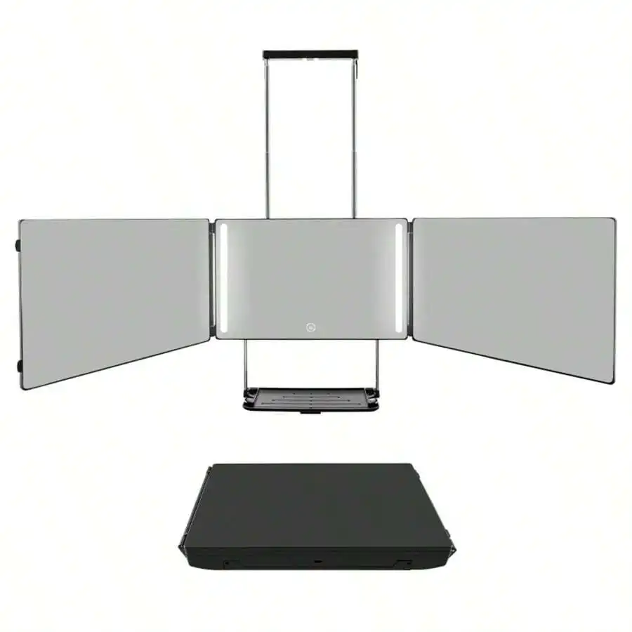 BANBERS Three-Sided Grooming Mirror, 360-Degree Tri-Fold Design With Height-Adjustable Hook, Dual Fixed Pins For Height Adjustme