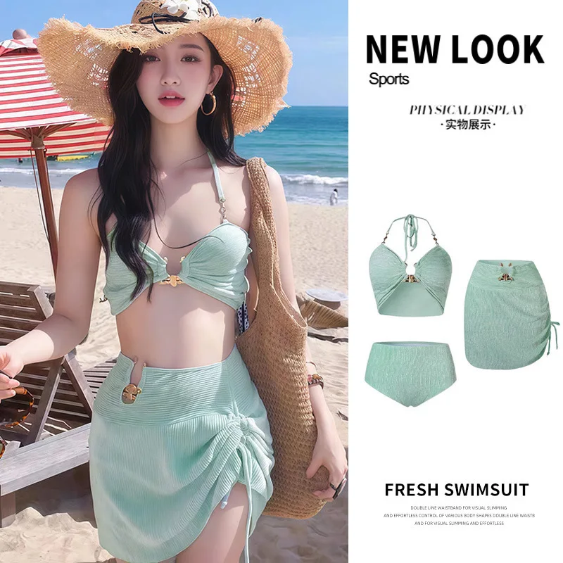 Advanced Texture Split Bikini Three Piece Seaside Vacation Swimsuit with Small Chest Gathered, New Sexy Swimsuit