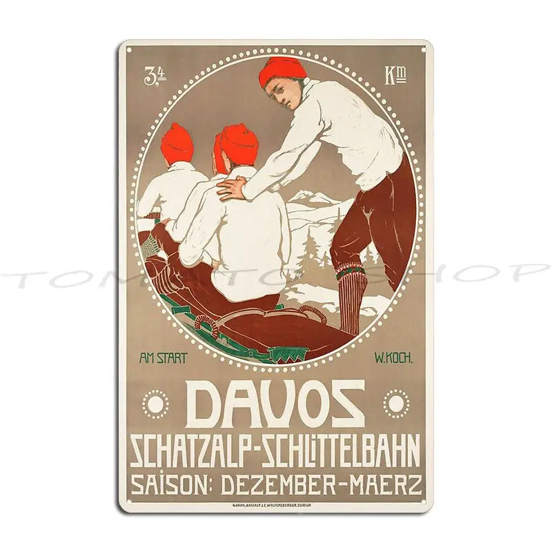 Winter In Davos Vintage Ice Skating Travel  Circa 1914 Metal Plaque Poster Wall Pub Cave Plates Club Print  Tin Sign Poster