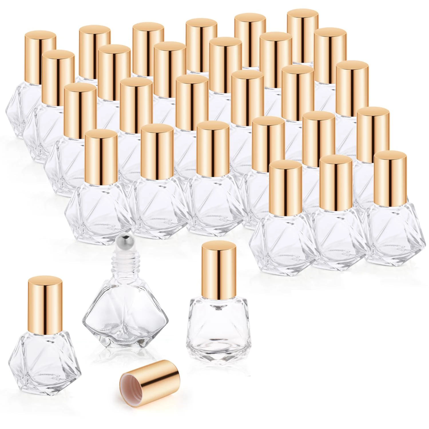 30 قطعة 8 مللي زجاجات دوارة للزيت العطري زجاجات مضلعة زجاجية قوارير مستحضرات التجميل الفارغة حاويات مع كرات دوارة من الفولاذ المقاوم للصدأ