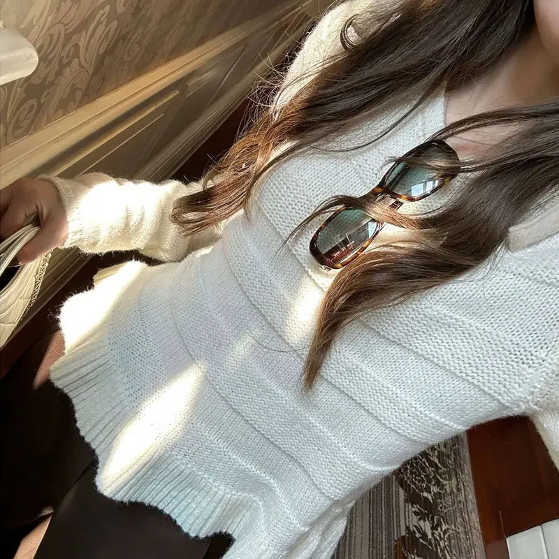 

Gentle Sweet Solid Color Knitted T-shirts Women's Clothing Basic Round Neck Autumn Winter Fashion Spliced Long Sleeve Pullovers