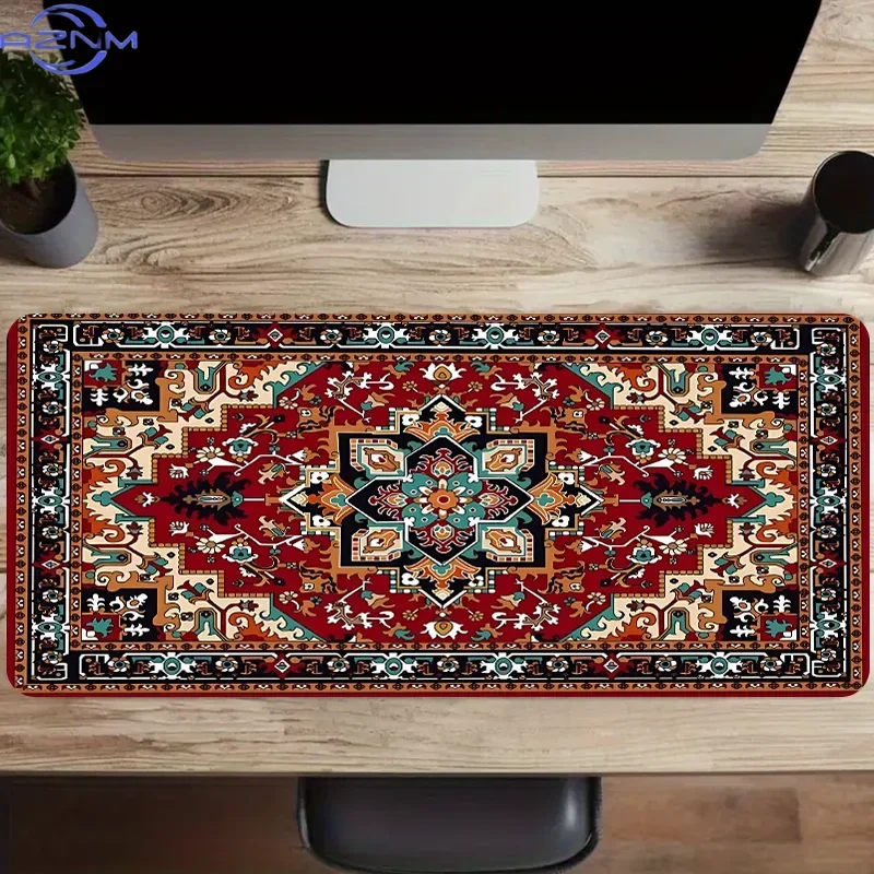 Bohemian Style Large Gaming Mouse Pad Antique Persian Rug Pattern Non-Slip Rubber Base Stitched Edges PC Desk Accessory