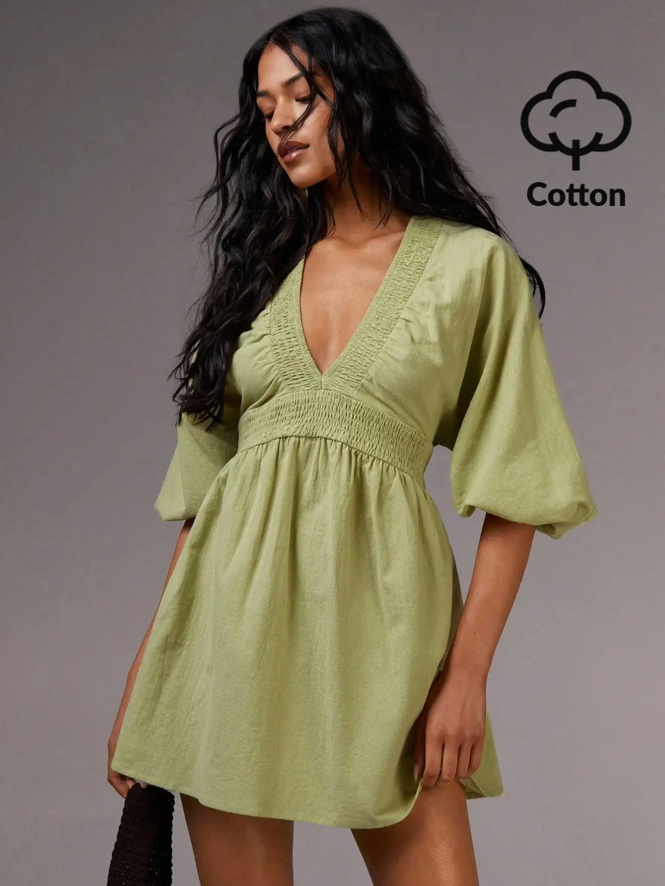 

Women's Olive Green V-Neck Smocked Mini Dress with Lantern Sleeves