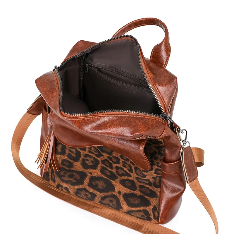 Leopard Print PU Leather Patchwork Design Women Large Capacity Shoulders Backpack Bag Lady Satchels Handle Travels Packsack Bag