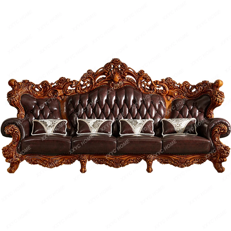 Villa European Sofa Top Layer Leather Large Apartment 123 All Solid Wood Double-Sided Carved