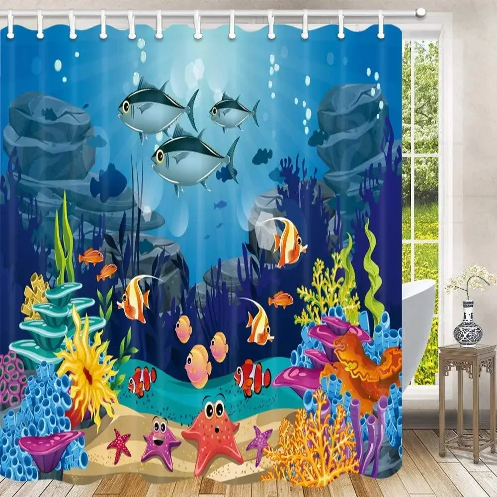 Blue Ocean Fish Kids Shower Curtains Under The Sea Tropical Turtle Home Bathtub Decor Children Bathroom Curtain Set With Hooks