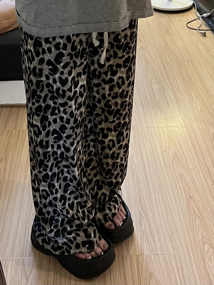 Eis Seide Casual Hosen frauen Sommer Dünne Gerade Lose Gehen Breite Bein Hosen Hohe Taille Pendeln Sle Leopard Muster