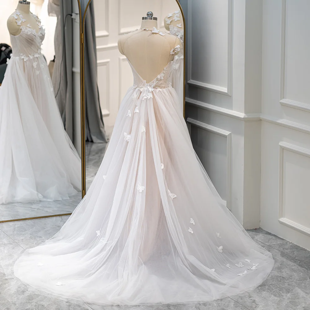 Sleeveless A-line Wedding Dress Beach V-Neck Lace Customized Sweep Train Zipper Bridal Gowns Customize To Measures Civil Sweep