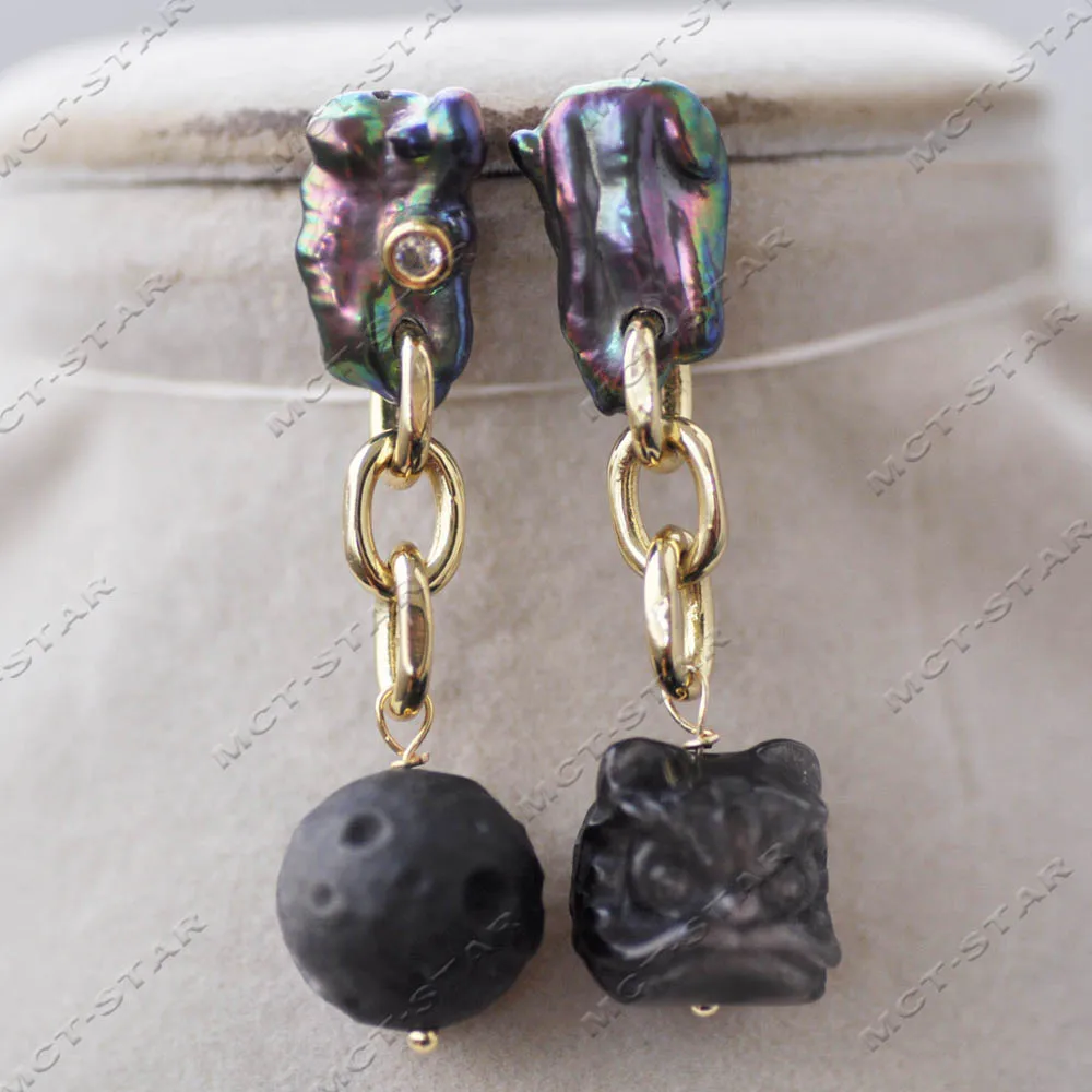 MTC·STAR Mysterious Black 15mm Engraving Moon Totem Lion When Obsidian Biwa Pearl Dangle Earring (c)