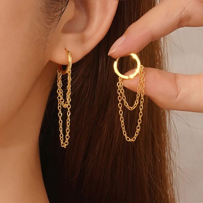 

Double Chain Tassel Hoop Earrings Made Of Copper Suitable For Women'S Punk Style Jewelry Gift For Best Friend